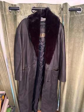 Vintage 90s D.A.N.Y Black Full Length Leather Coat with Faux Fur Collar